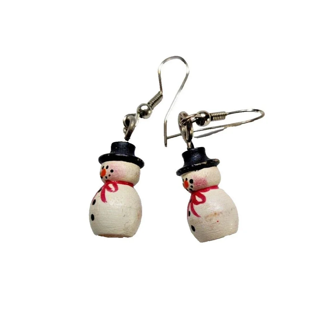 Vintage Wood Snowman Hoop Earrings Christmas Holiday